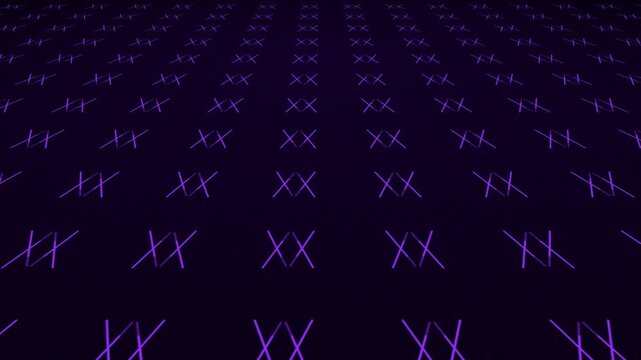 Animated bouncing vivid fading lines creating mirrored symmetrical pattern shapes on a dark gradient 3D background plane motion visual effects and moving abstract graphics colours purple violet
