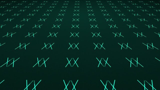 Animated bouncing vivid fading lines creating mirrored symmetrical pattern shapes on a dark gradient 3D background plane motion visual effects and moving abstract graphics colours teal aqua cyan