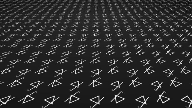 Stroked pentagonal triangles with moving lines and geometric pattern shapes positioned on 3D angled plane amid dark gradient background drifting through space dynamic visual effect graphics gray white