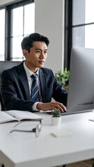 Formal Asian male working intently at desk with computer