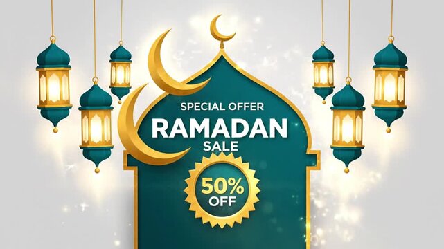 Vibrant Ramadan Sale banner featuring mosque silhouette, crescent, and glowing lanterns. Ideal for digital marketing, holiday promotions, attracting customers with discounts and celebrating the holy..