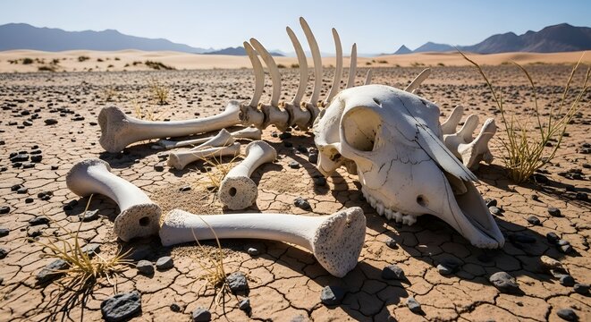 Animal bones lie scattered on dry cracked earth in a desolate desert landscape under a clear sky