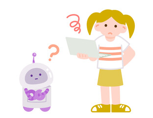 ノートパソコンを持った子供とサポート役のAIロボットが一緒に悩む
