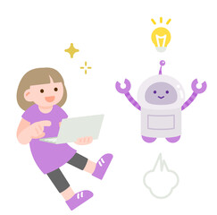 楽しそうに学ぶノートパソコンを持った子供とサポート役のAIロボット