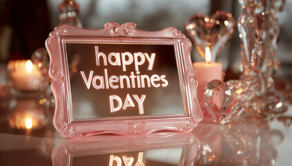 a pink-colored mirror with the words happy valentine's day written on it