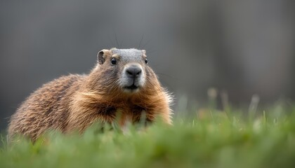 A groundhog sitting in a lush green meadow looking directly at the camera with a blurred background