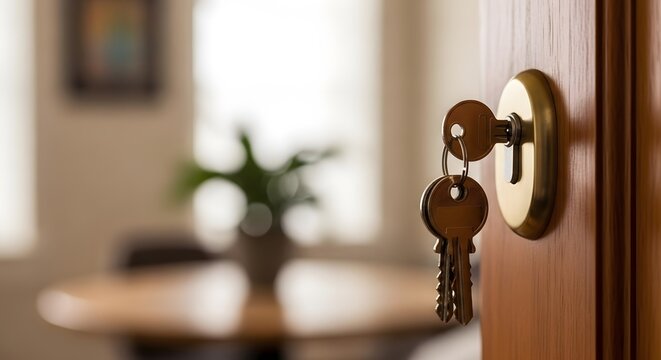A key inserted into a door with a blurred background