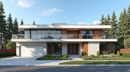 Fototapeta premium Modern luxury home with wood and stone facade and lush greenery