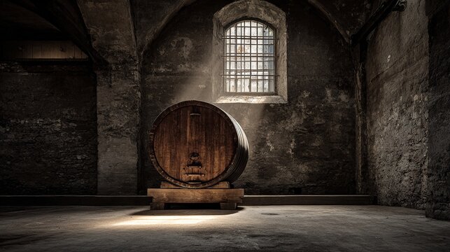 tun. A colossal wooden wine tun stands alone in an empty stone cellar with dramatic side lighting. bar promotions, beverage menus, designed for food & beverage menus and cafe branding.
