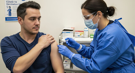Fototapeta premium Healthcare worker in blue medical scrubs and gloves giving a vaccine shot to a young man in a clinic covid 19 informational poster visible on the wall indoor medical setting with bright lighting