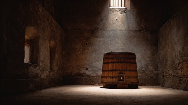 tun. A colossal wooden wine tun stands alone in an empty stone cellar with dramatic side lighting. bar promotions, beverage menus, designed for food & beverage menus and cafe branding.