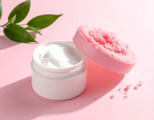 Jar of cream open, next to a lid, with a green leaf and pink background