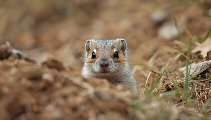A curious ground squirrel peeking out from behind a mound of dry leaves and grass in a natural outdoor setting.