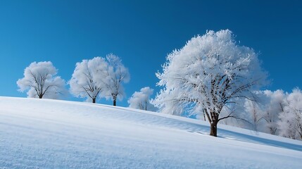 Obraz premium A serene winter landscape with snow-covered trees and a clear blue sky