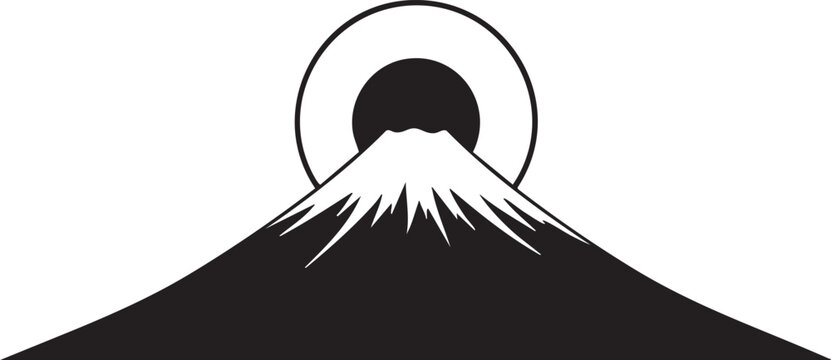 Mount Fuji silhouette with rising sun, iconic Japanese natural landmark.