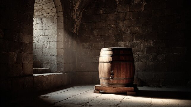 tun. A colossal wooden wine tun stands alone in an empty stone cellar with dramatic side lighting. bar promotions, beverage menus, designed for food & beverage menus and cafe branding.