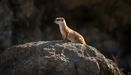 A small weasel-like animal perched on a large rock in a natural outdoor setting