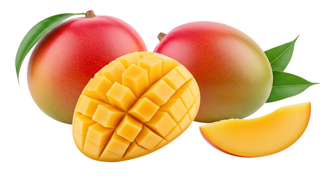 A vibrant still life composition featuring two ripe red and yellow mangoes one perfectly cubed and ready to eat and a thin slice of the juicy tropical fruit presented against a clean dark background