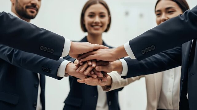 Smiling Asian Business Team Stacking Hands in Navy Blue Suits and White Background