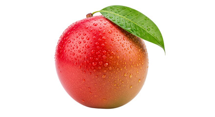 Fototapeta premium A vibrant ripe mango fruit with a single green leaf attached covered in tiny refreshing water droplets showcasing its smooth skin and gradient