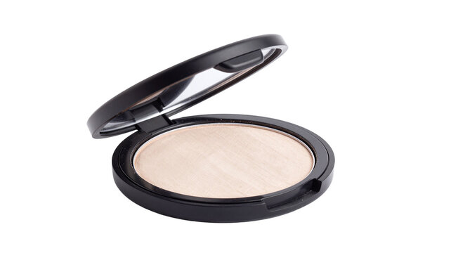 Open compact of shimmering face highlighter makeup in black case on white background for beauty routine