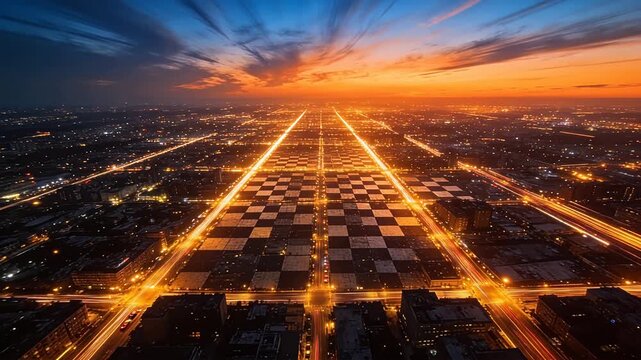 Aerial view of giant chessboard in city center at dusk