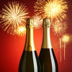 Champagne bottles with fireworks on red backdrop festive celebration