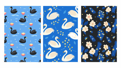 Colorful patterned panels featuring swans and floral designs © bashanti