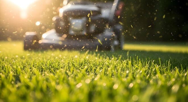Professional Lawn Mowing: Close up of green grass being cut by mower in sunlight, garden maintenance service, backyard care and landscaping concept