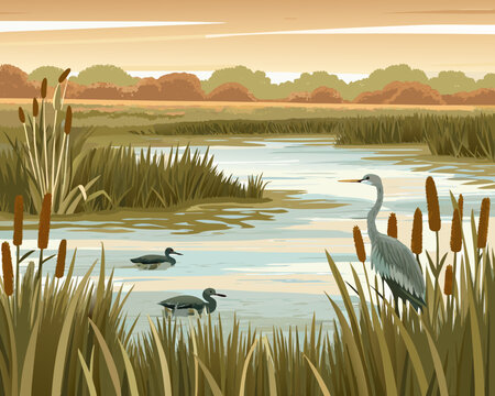 Serene wetland scene featuring a heron ducks and tall reeds
