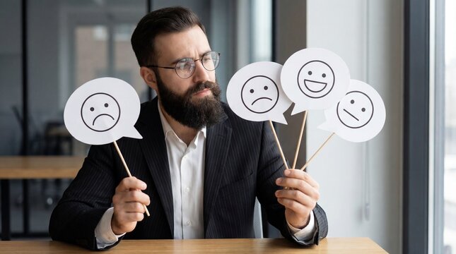 Businessman expressing mixed emotions with speech bubbles in modern office