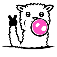 Obraz premium Llama Victory Hand Sign Peace Bubblegum Bubble Chewing Cool Cute Little Sheep Alpaca White Fur Funny