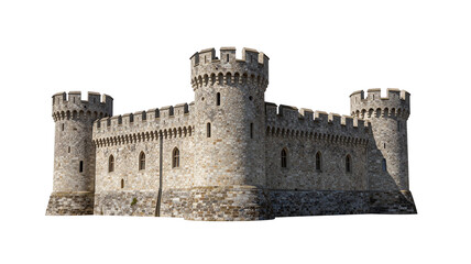 Isolated stone castle with turrets against white background, medieval architecture, defensive structure