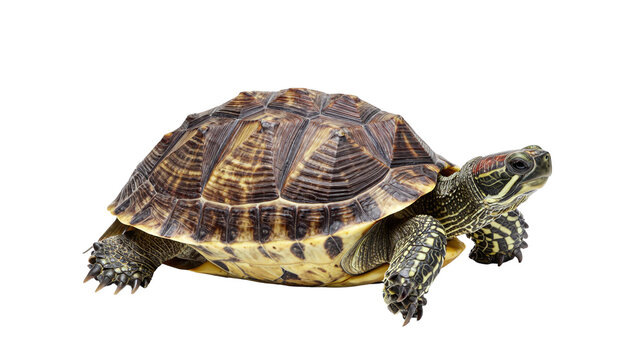 Red-eared slider turtle isolated on white background, basking in studio light, detailed shell pattern visible
