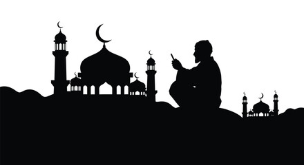 Man Praying Silhouette against Mosque Skyline with Crescent Moon at Night