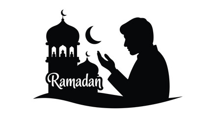 Man Praying During Ramadan with Mosque Silhouette and Crescent Moon