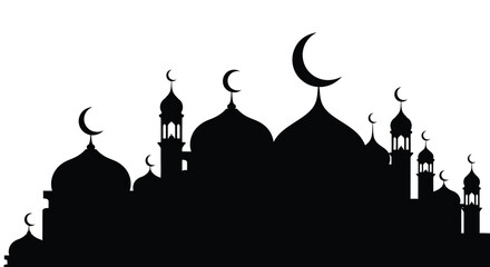 Islamic mosque silhouette with crescent moon on white background