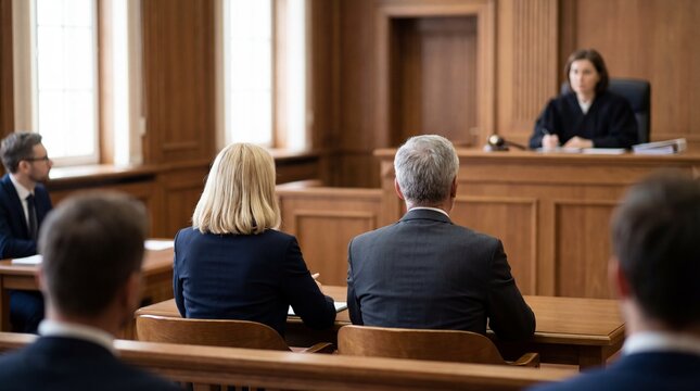 People sitting in a courtroom during a trial with a judge