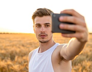 Man taking selfie in a wheat field against a golden sunset
