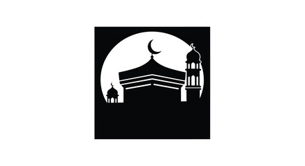 Mosque Silhouette with Crescent Moon at Night in Simple Design