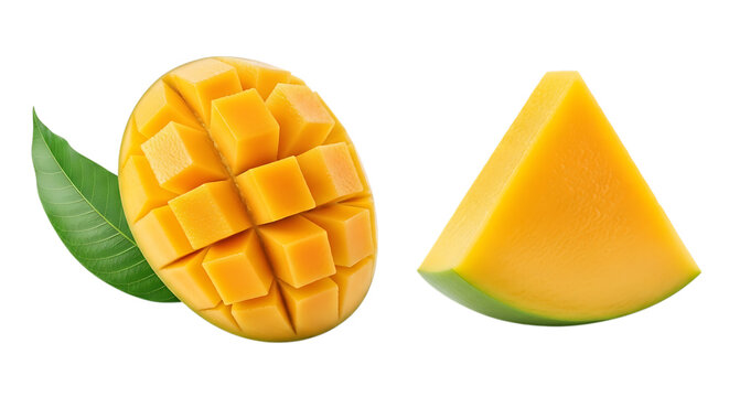 Fresh mango fruit cut into pieces with green leaves  tropical yellow food transparent background