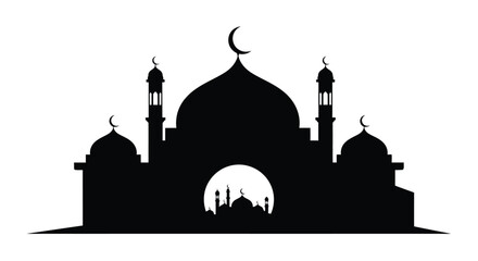 Mosque Silhouette with Crescent Moon and Minarets at Sunset