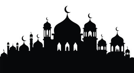 Islamic mosque silhouette with crescent moon on white background
