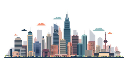 Fototapeta premium Modern City Skyline with Diverse Architecture and Clouds Illustration