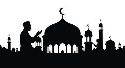 Muslim man praying in front of mosque silhouette with crescent moon