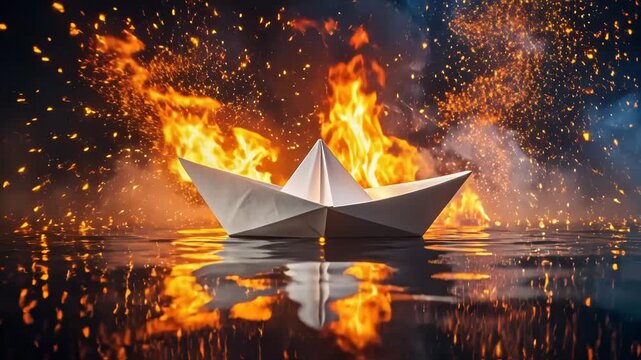 Paper Boat Surrounded by Fire Floating on Water at Night