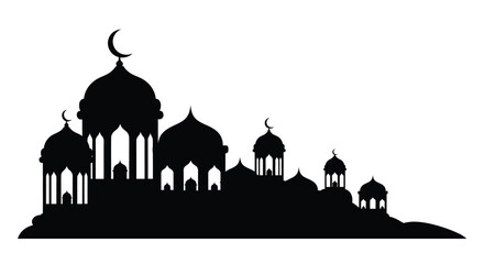 Islamic mosque silhouette with crescent moon on white background