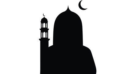 Muslim silhouette praying under crescent moon with mosque minaret silhouette