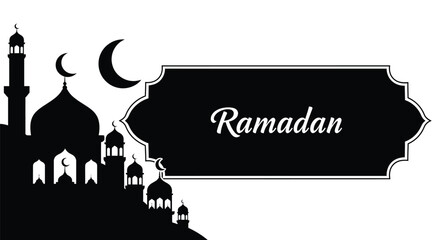 Ramadan greeting with mosque silhouette and crescent moon on white background