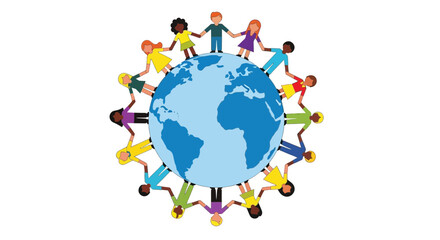 Diverse Children Holding Hands Around Earth Globe - Unity and Global Friendship